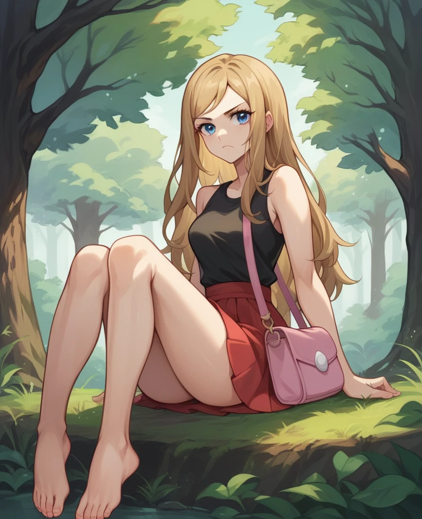 a woman (Serena from Pokémon) sitting in front, vegetation and trees in the background, with golden hair, a black shirt, bare shoulders, blue eyes, sitting on a fallen tree, Red skirt, with pink purse, bare legs showing her bare feet, serious look, raised feet 