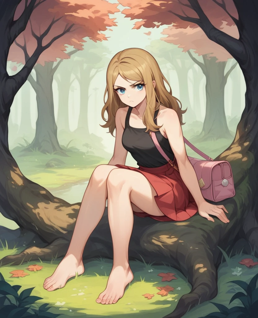 a woman (Serena from Pokémon) sitting in front, vegetation and trees in the background, with golden hair, a black shirt, bare shoulders, blue eyes, sitting on a fallen tree, Red skirt, with pink purse, bare legs showing her bare feet, serious look, raised feet 