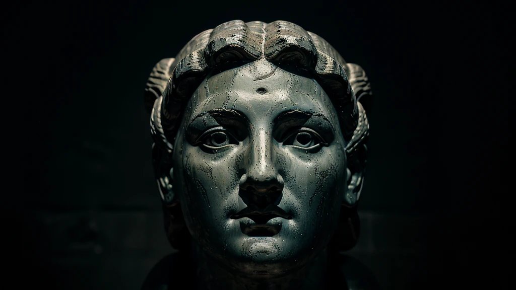 The face of the Greek statue of the Oracle of Delphi on a dark background