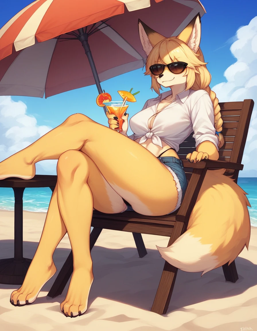 Solo, Score_9, score_8_up, score_7_up, source_cartoon, kemono style, An Anthro furry fox girl, yellow furry body, yellow fox tail , black nose, blonde hair, braided hair, wearing blue daisy dukes, a tied white shirt, visible thong, sunglasses covering eyes, smirking, outdoors, sunny day, looking away, majestic, at the beach, sitting on a chair under an umbrella, in front of a food stand, legs crossed, barefoot, toe ring, 4 toes, holding a margarita, d