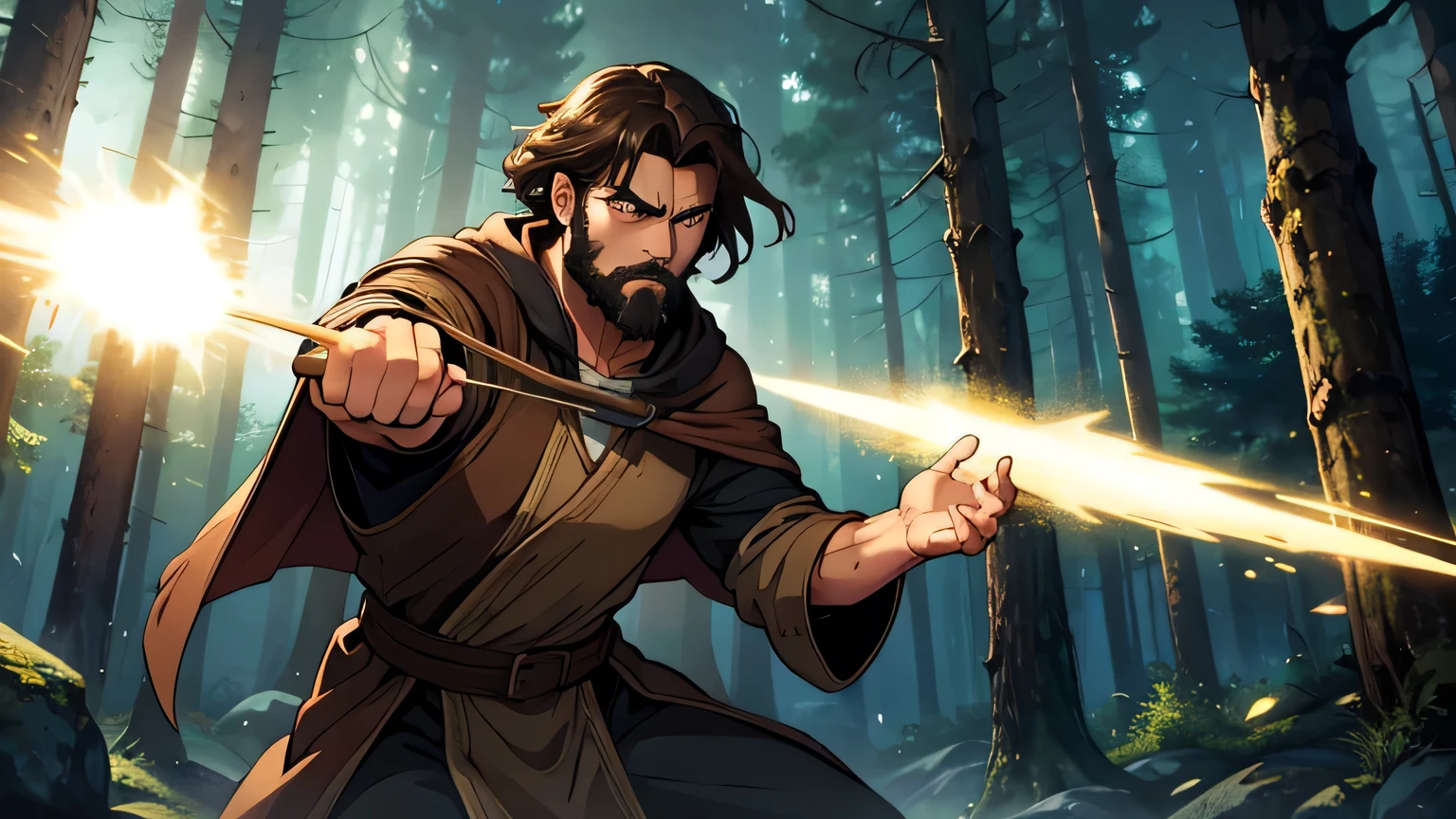 Worried-faced man with dark brown beard, long dark brown hair, light yellow-brown eyes and dark brown and light brown tunic from the 4th century BC. C., with a light brown cloak, about 50 years old, throwing brown rock with his hand, in a dark and mysterious forest at night, movement scene in the forest, changing lighting, hyperrealistic, cinematic lighting,