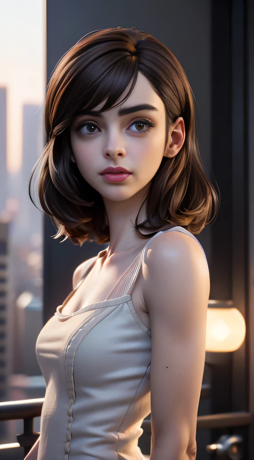 photo of Krysten Ritter, RAW, beautiful woman, ((portrait)), ((detailed face:1.2)), ((detailed facial feature, detailed skin, clear skin), (perfect proportioned body), (wearing a light brown dress) (high detailed city environment, apartment balcony), (realistic photo, best quality, detailed), (8k wallpaper), (cinematic lighting, dramatic lighting) (sharp focus, intricate)