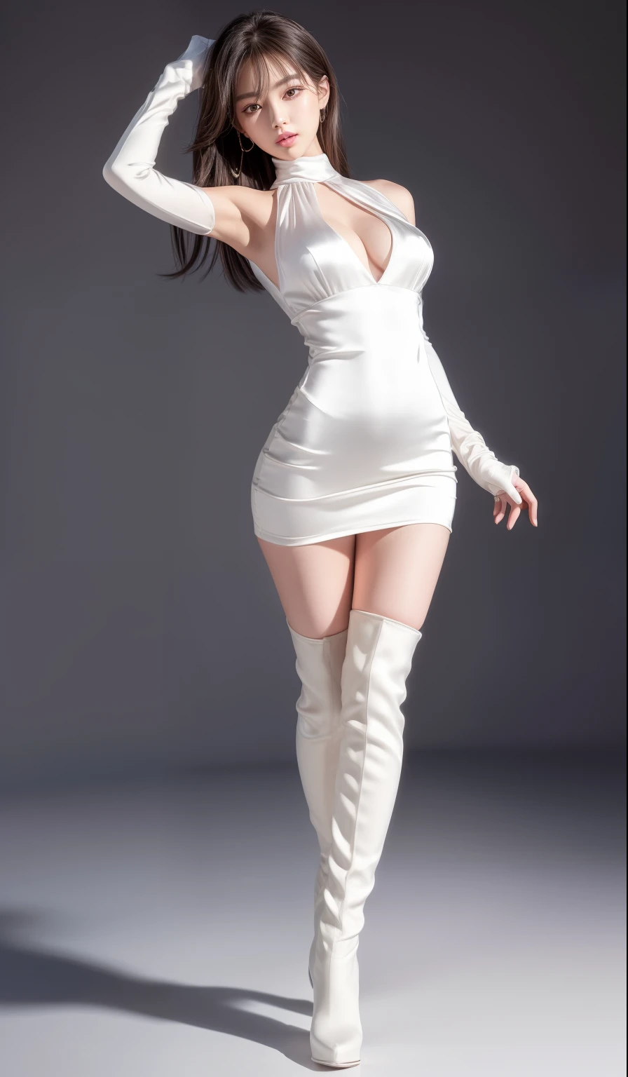 8K, masterpiece, RAW Photos, Highest quality, detailed:1.2),Realistic, Extremely detaileded CG unifies 8K, 8K, diamond, wallpaper, Depth of written boundary, (Bright bedroom:1.2), Ray Tracing, (Very beautiful face, Beautiful Lips, Beautiful Eyes), intricate detailed face, ((ultra detaileded skin)) One girl, Cute Korean Girl, K-Pop Idols,(Slim figure), ((Displaying the viewer)), (Bodycon mini dress),(High neck),(Injection Sleeve:1.1),(Silk mini dress:1.7) ,(Opera Gloves:1.5),(Knee-high boots:1.5),Cute Korean Girl,Clear Eyes, walking , (Pale skin), (Big eyes), ((Full Body Shot:1.5)), Bodycon mini dress, Tight mini dress , Colorful mini dresses, Solid color dress, Turn back, Side Shot, Slim figure, Healthy Thighs, Thigh Gap、(Put your arms behind your head:1.3),(Large Breasts, Toned Abs), (Slim figure、Firm breasts:1.2),(Panty shot:1.2)