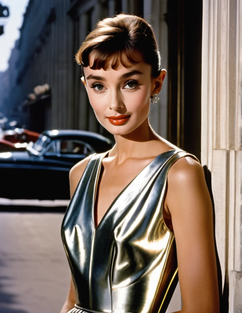 (masterpiece, best quality, hyper realistic, raw photo, ultra detailed, extremely detailed, intricately detailed), (photorealistic:1.4), (photography of Audrey Hepburn wearing a fashionable Pleated metallic midi dress with V-neckline, designed by Hubert de Givenchy), (smile), fairy, pure, innocent, beauty, (slender), super model, adr, Breakfast at Tiffany's, Sabrina, (glide_fashion), depth of field, (full shot), film grain, zeiss lens, symmetrical, 8k resolution, octane render, extremely high-resolution details, fine texture, dynamic angle,