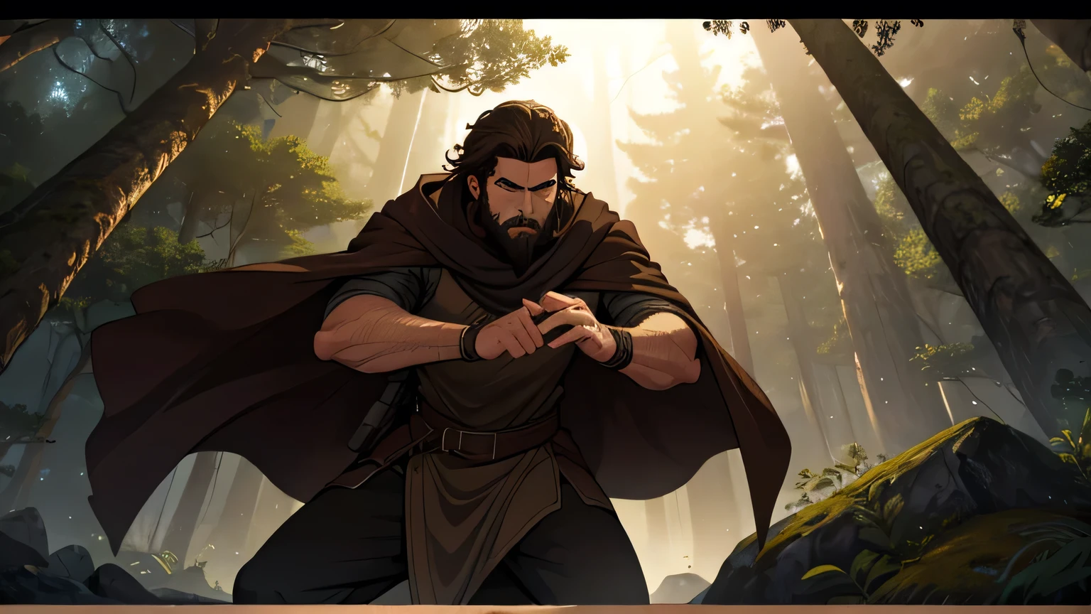 Worried-faced man with dark brown beard, long dark brown hair, light yellow-brown eyes and dark brown and light brown tunic from the 4th century BC. C., with a light brown cloak, about 50 years old, throwing brown rock with his hand, in a dark and mysterious forest at night, movement scene in the forest, changing lighting, hyperrealistic, cinematic lighting,