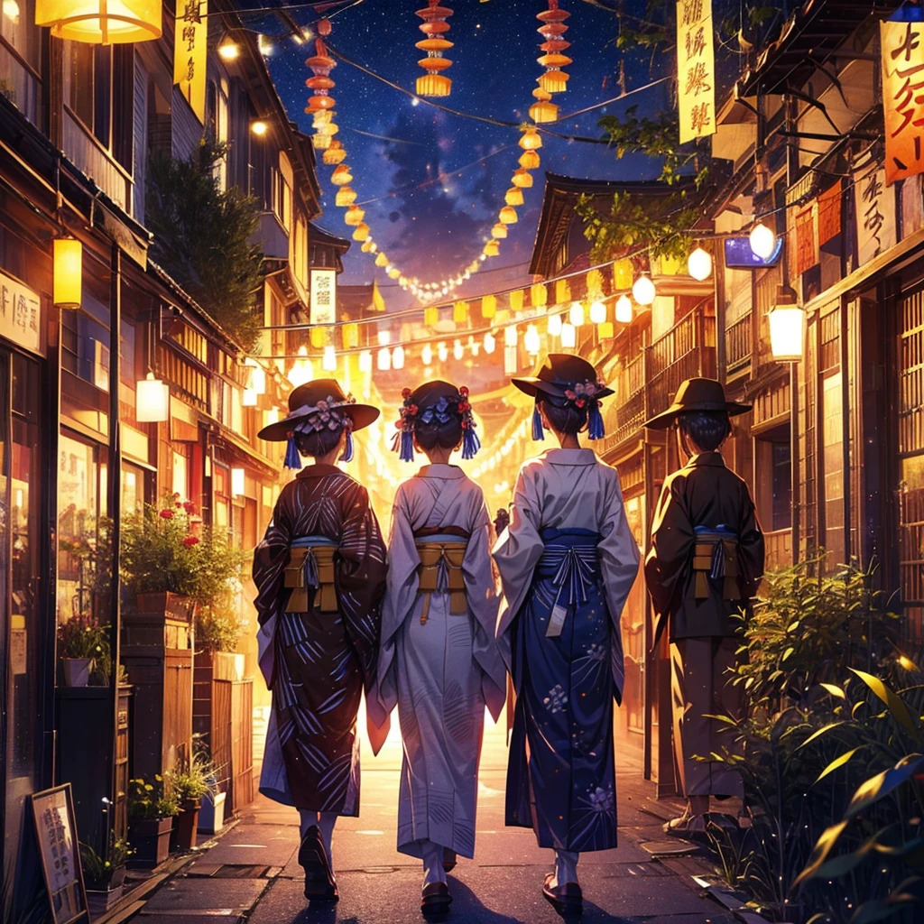 Highest quality、傑作Milky Way in the night sky break There are many bamboo decorations for Tanabata. break A town at night decorated with Tanabata bamboo、yukata,


