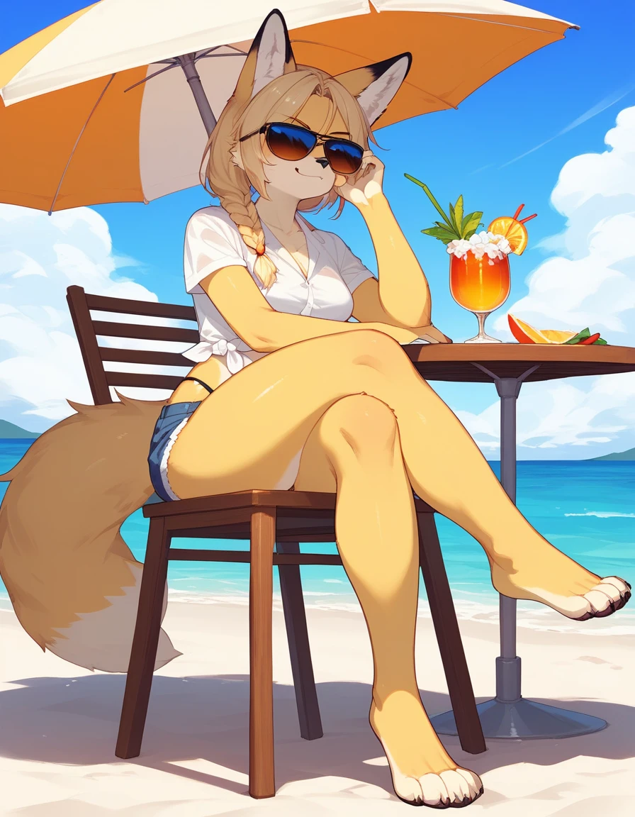 Solo, Score_9, score_8_up, score_7_up, source_cartoon, kemono style, An Anthro furry fox girl, yellow furry body, yellow fox tail , black nose, blonde hair, braided hair, wearing blue daisy dukes, a tied white shirt, visible thong, sunglasses, sunglasses covering eyes, smirking, outdoors, sunny day, looking away, majestic, at the beach, sitting on a chair under an umbrella, in front of a food stand, legs crossed, barefoot, toe ring, 4 toes, holding a margarita, d