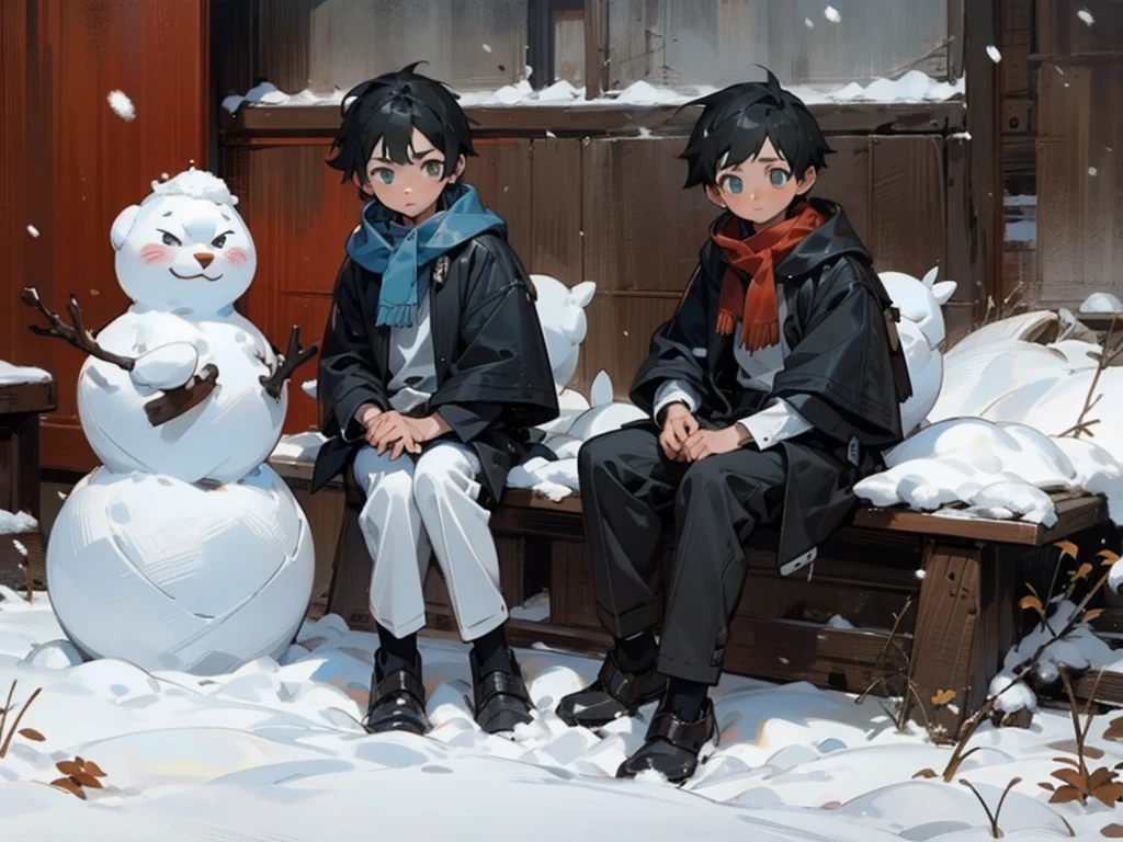 (masterpiece, best quality) detailed, Snow，Two little boys，cold