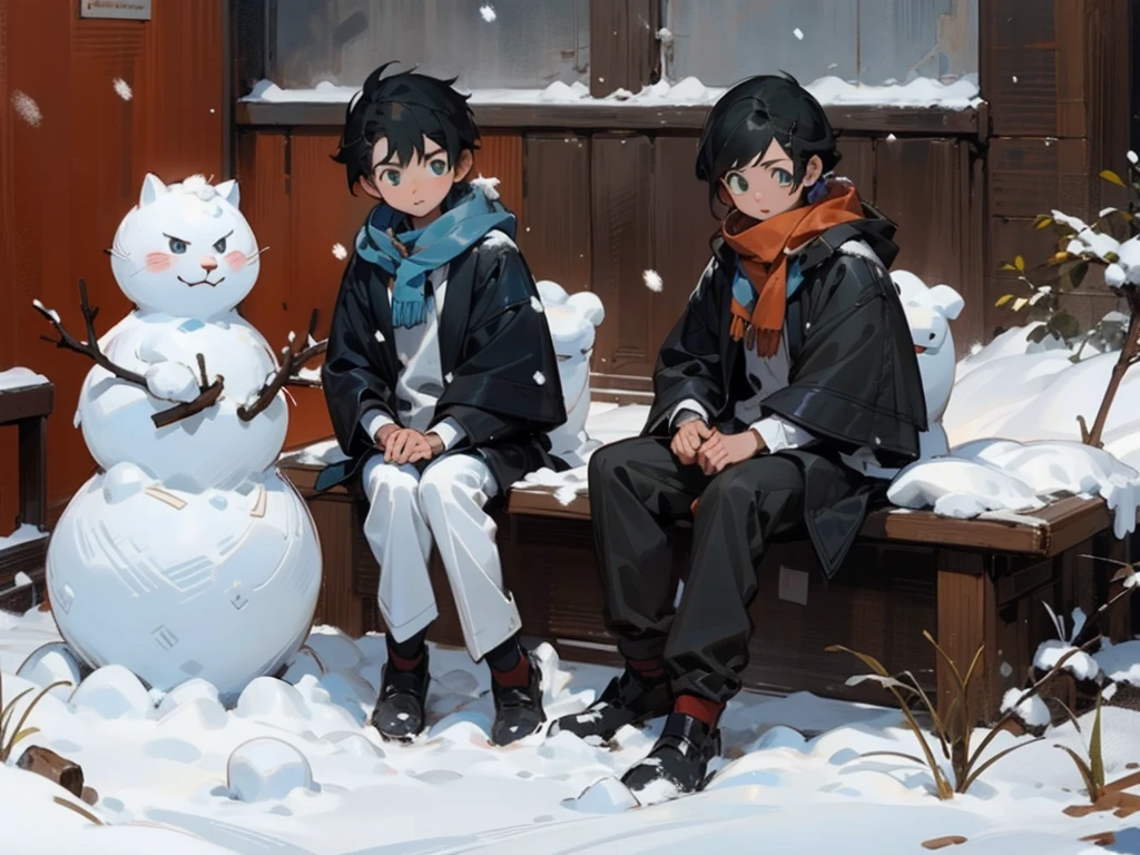 (masterpiece, best quality) detailed, Snow,Two little boys,cold
