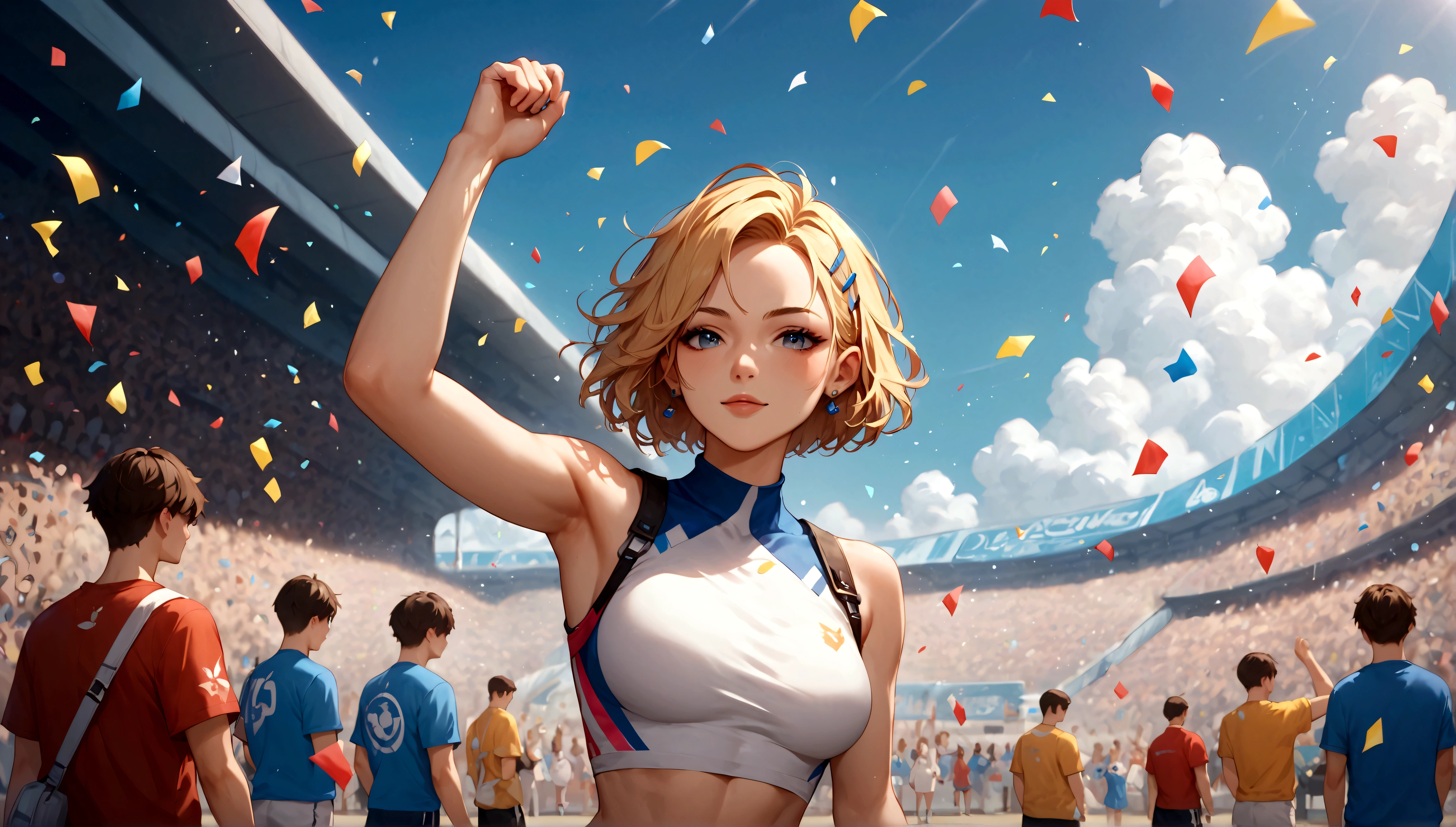 score_9, score_8_up, score_7_up, score_6_up, anime style, masterpiece, highly detailed, centered, 1girl, Athlete breaking a world record, track and field, surrounded by a cheering crowd. Style:  Iconic moment, confetti raining down, elation, Expressiveh