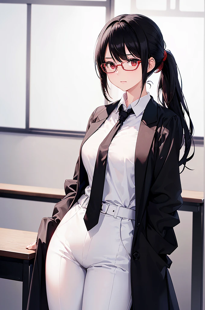 (masterpiece; best quality: 1.2), (finely detailed eyes: 1.3), ((25 year old woman)), ((solo)), (red eyes: 1.4), (body; gorgeous, soft, femenine: 1.3), (silky black hair + low ponytail: 1.3), (beautiful and clear background: 1.2), ((depth of field)), (equipment: labcoat + all-black shirt + white necktie + white pants + black square glasses: 1.3), (anime illustration: 1.2), (background composition; japanese highschool classroom + furniture: 1.1), (extremely fine and beautiful: 1.1), (shot composition; standing + centered on torso + close-up: 1.5), (expression; calm, stoic: 1.2)