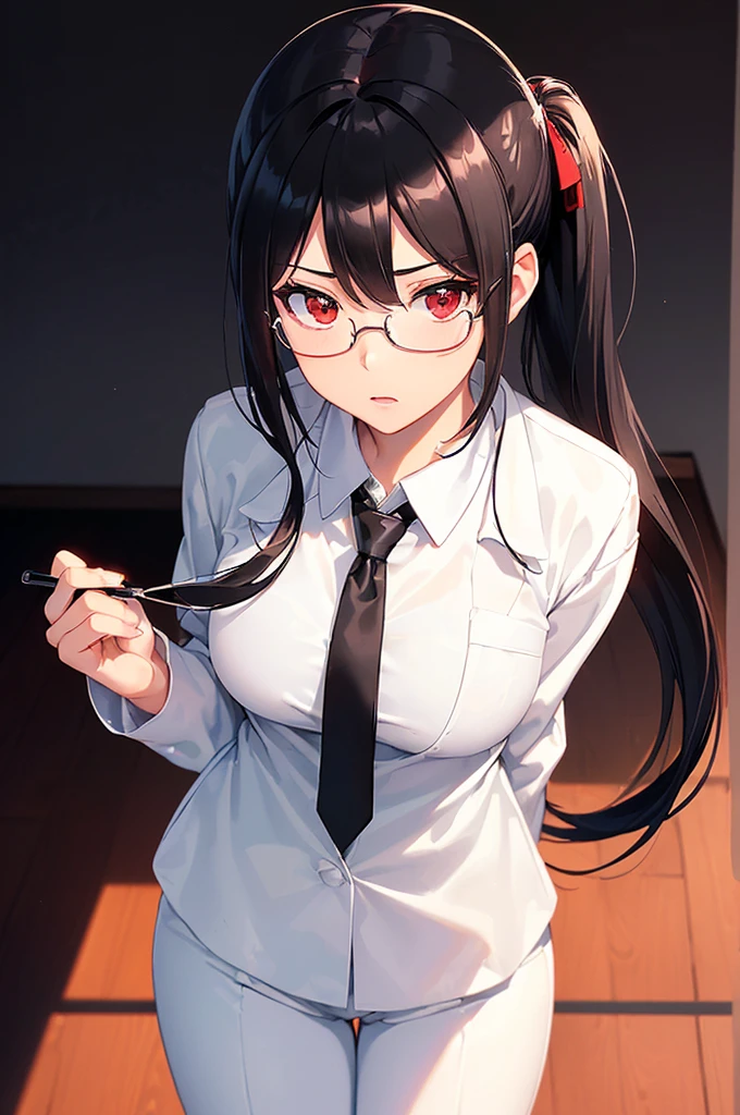 (masterpiece; best quality: 1.2), (finely detailed eyes: 1.3), ((25 year old woman)), ((solo)), (red eyes: 1.4), (body; gorgeous, soft, femenine: 1.3), (silky black hair + low ponytail: 1.3), (beautiful and clear background: 1.2), ((depth of field)), (equipment: labcoat + all-black shirt + white necktie + white pants + black square glasses: 1.3), (anime illustration: 1.2), (background composition; japanese highschool classroom + furniture: 1.1), (extremely fine and beautiful: 1.1), (shot composition; standing + centered on torso + close-up: 1.5), (expression; calm, stoic: 1.2)