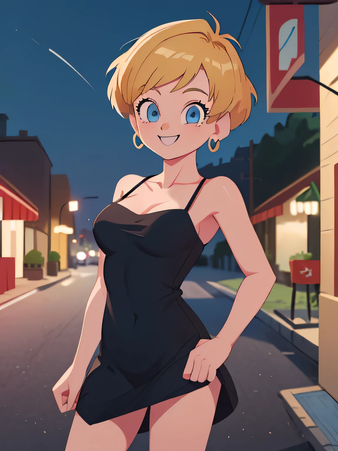 (Best Quality, Masterpiece:1.4), (Absurdres:1.2), erasa, blonde hair, short hair, blue eyes, earrings, masterpiece, best quality, very aesthetic, absurdres, spaghetti strap, skin tight black dress, sleeveless, night, street, standing, cowboy shot, medium breast, smile, 1 girl, solo