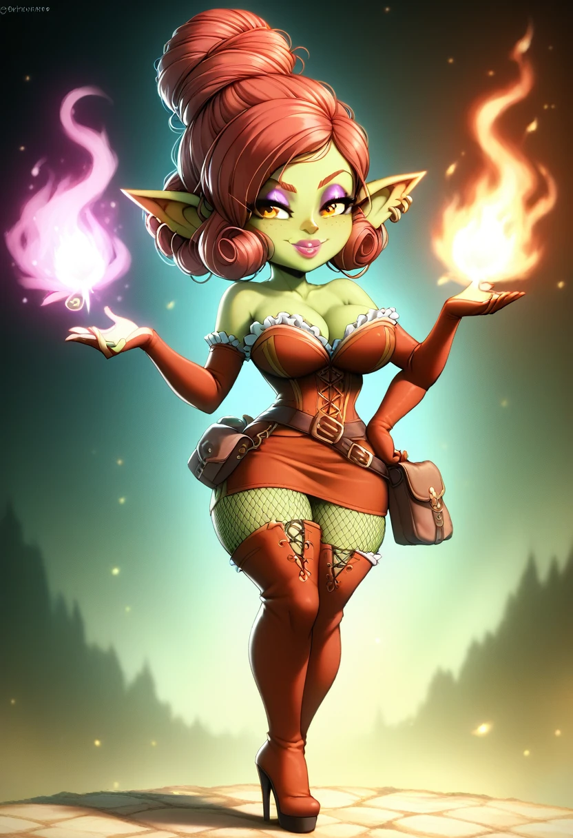 Girl, goblin girl, goblin, green skin, short, short stature, short hair, red hair, curly hair, large breasts, long gloves, thigh boots, pouty lips, masterpiece, best quality, sexy, dynamic pose, 8k, shortstack, sfw, shiny, fantasy, dungeons and dragons, high heels, fishnets, holding, dark green skin, adventurer, slutty pose, sorcerer, sorceress, pyromancer, fire and ice, magic, fire and ice magic, long detailed slutty colorful dress, thigh pouch, very curly hair, lots of belts, curly hairstyle, lipstick, rosy cheeks, smile, eyeshadow, eye liner, belt on hip, magic, magic dress, very detailed, magic user, puffy lips, bright colors, fiery personality, passionate