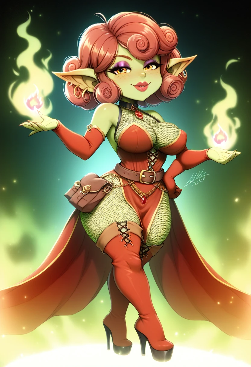 Girl, goblin girl, goblin, green skin, short, short stature, short hair, red hair, curly hair, large breasts, long gloves, thigh boots, pouty lips, masterpiece, best quality, sexy, dynamic pose, 8k, shortstack, sfw, shiny, fantasy, dungeons and dragons, high heels,  fishnets, holding, dark green skin, adventurer, slutty pose, sorcerer, sorceress, pyromancer, fire and ice, magic, fire and ice magic, long detailed slutty colorful dress, thigh pouch, very curly hair, lots of belts, curly hairstyle, lipstick, rosy cheeks, smile, eyeshadow, eye liner, belt on hip, magic, magic dress, very detailed, magic user, puffy lips, bright colors, fiery personality, passionate 