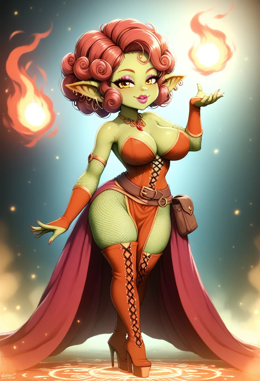 Girl, goblin girl, goblin, green skin, short, short stature, short hair, red hair, curly hair, large breasts, long gloves, thigh boots, pouty lips, masterpiece, best quality, sexy, dynamic pose, 8k, shortstack, sfw, shiny, fantasy, dungeons and dragons, high heels, fishnets, holding, dark green skin, adventurer, slutty pose, sorcerer, sorceress, pyromancer, fire and ice, magic, fire and ice magic, long detailed slutty colorful dress, thigh pouch, very curly hair, lots of belts, curly hairstyle, lipstick, rosy cheeks, smile, eyeshadow, eye liner, belt on hip, magic, magic dress, very detailed, magic user, puffy lips, bright colors, fiery personality, passionate
