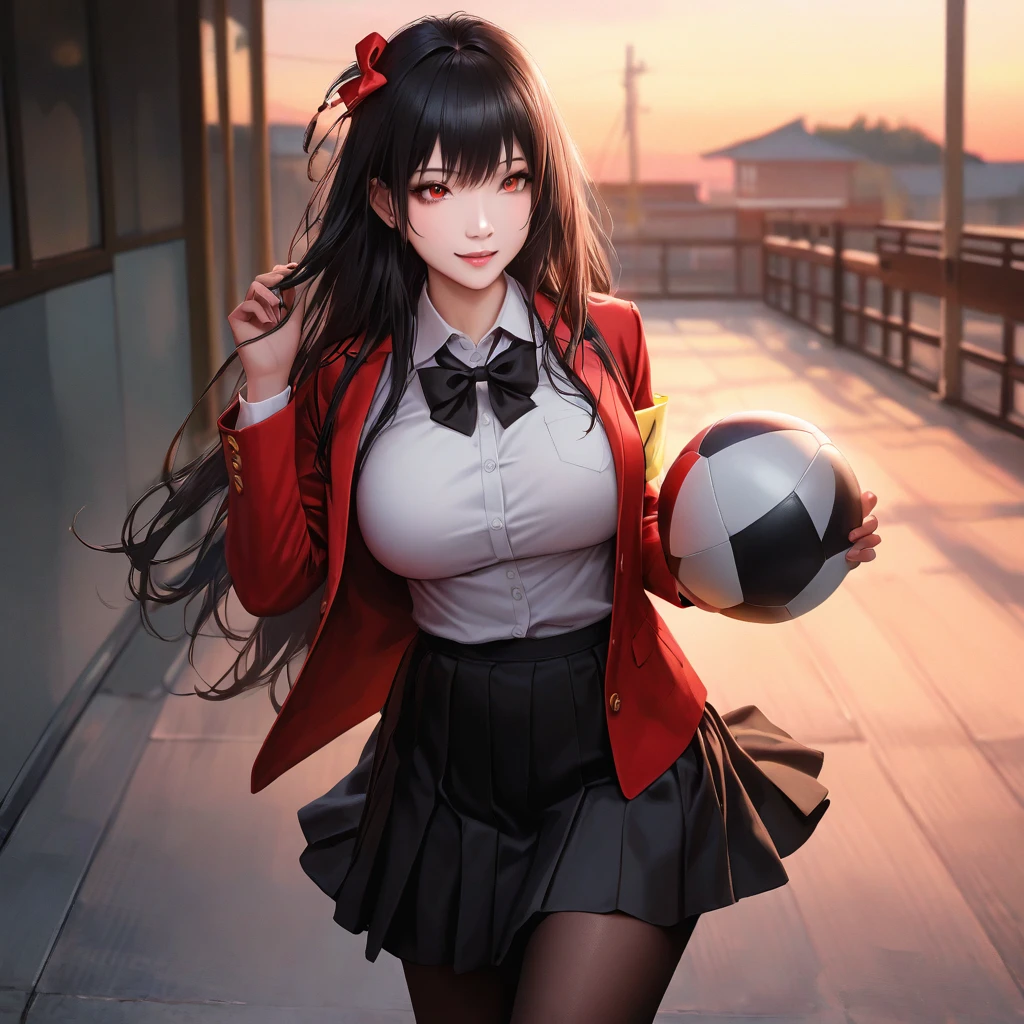 A woman wearing a long-sleeved red jacket, yellow armband, open jacket, white button-down t-shirt, black bow around her neck, black skirt, black tights, black women's shoes, black hair, long hair, red bow in her hair, red eyes, smiling, big breasts, holding a school ball, wearing glasses, outside a modern Japanese high school, at the end of sunset, realistic
