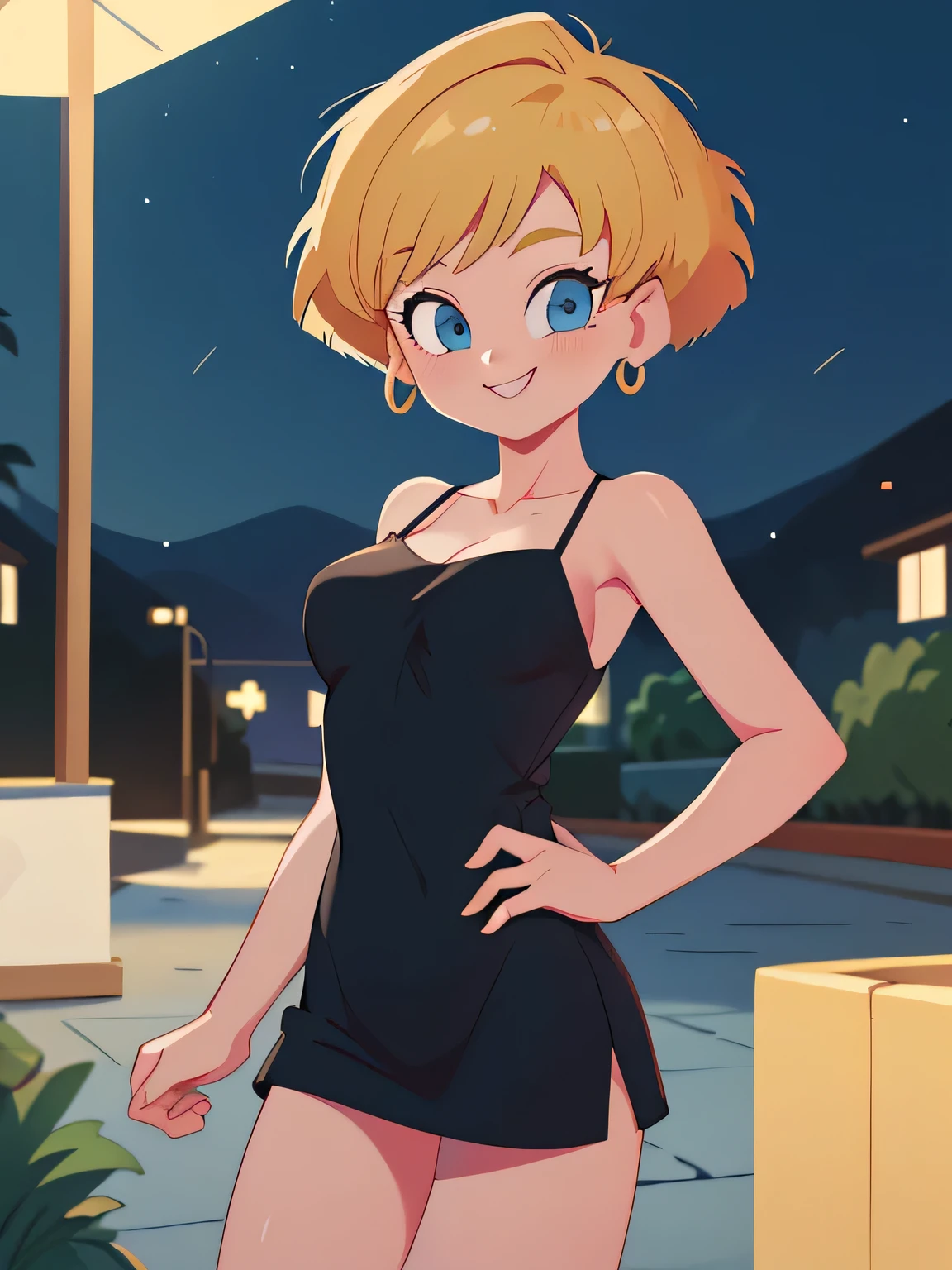 (Best Quality, Masterpiece:1.4), (Absurdres:1.2), erasa, blonde hair, short hair, blue eyes, earrings, masterpiece, best quality, very aesthetic, absurdres, spaghetti strap, skin tight black dress, sleeveless, night, street, standing, cowboy shot, medium breast, smile, 1 girl, solo