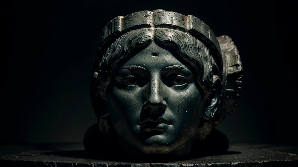 The face of the Greek statue of the Oracle of Delphi on a black background