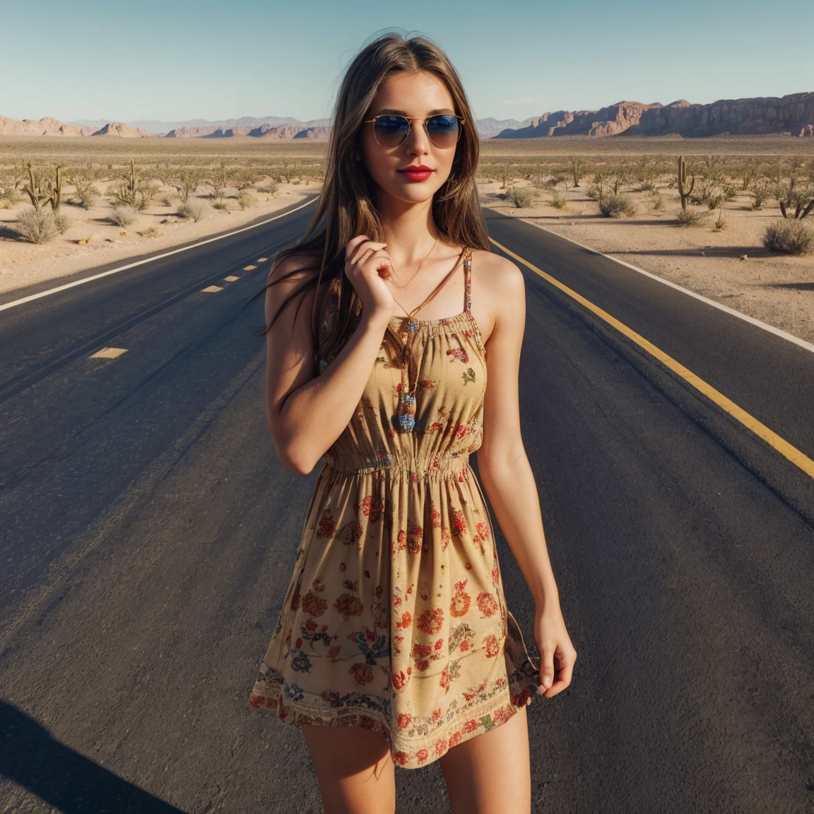 a girl, 28 years old, ((best quality)), ((detailed)),(masterpiece), (American), ((blue eyes)) long hair, freckles, red lips, slightly smiling, standing, sunglasses on her face, wearing a colorful short dress, small handbag in one hand, ((desert carpet road background in side)), capture to thighs