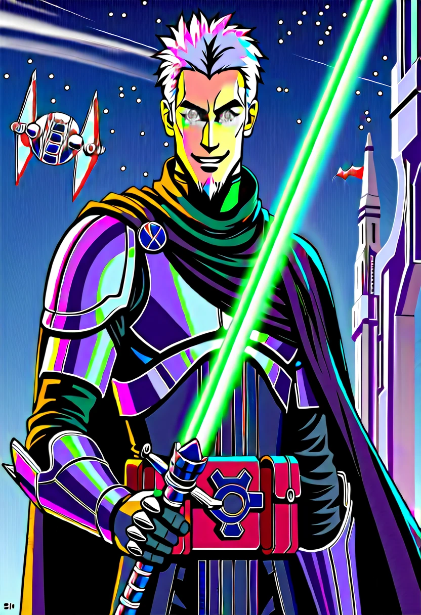 (full-body shot, star wars: the clone wars, comic art style), ((heroic young man, tall and brawny, irish pale white albino, subtle grin, long spiky white hair, thick white eyebrows, pink eyes)), (bastard greatsword, larger thicker flat green plasma blade, in a sword stance), (black metal knight plate armor with a pauldron), (bright Coruscant day, space station in the background, solo),