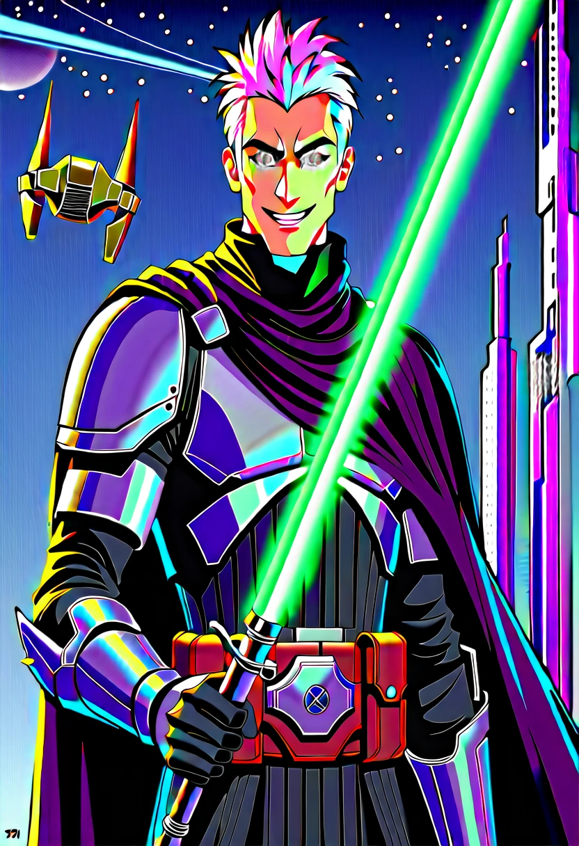 (full-body shot, star wars: the clone wars, comic art style), ((heroic young man, tall and brawny, irish pale white albino, subtle grin, long spiky white hair, thick white eyebrows, pink eyes)), (bastard greatsword, larger thicker flat green plasma blade, in a sword stance), (black metal knight plate armor with a pauldron), (bright Coruscant day, space station in the background, solo),