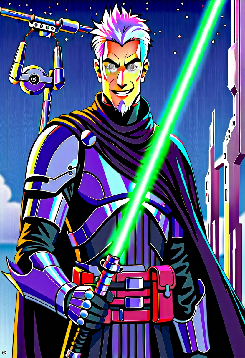(full-body shot, star wars: the clone wars, comic art style), ((heroic young man, tall and brawny, irish pale white albino, subtle grin, long spiky white hair, thick white eyebrows, pink eyes)), (bastard greatsword, larger thicker flat green plasma blade, in a sword stance), (black metal knight plate armor with a pauldron), (bright Coruscant day, space station in the background, solo),