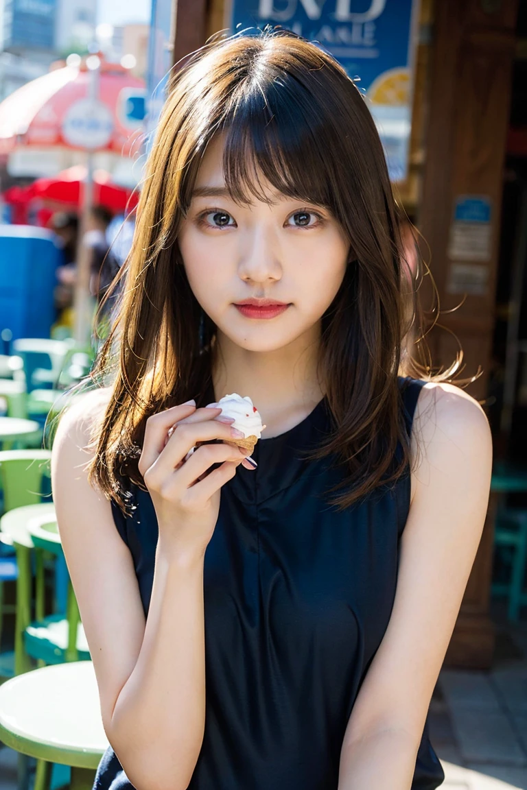 a promotion girl in front of a store, black bikini clothes, holding an ice cream, colossal tits:1.5, rainy street background, beautiful eyes, beautiful lips, necklace, long black hair, insane quality, detailed skin texture, smiling, 8k, insane details