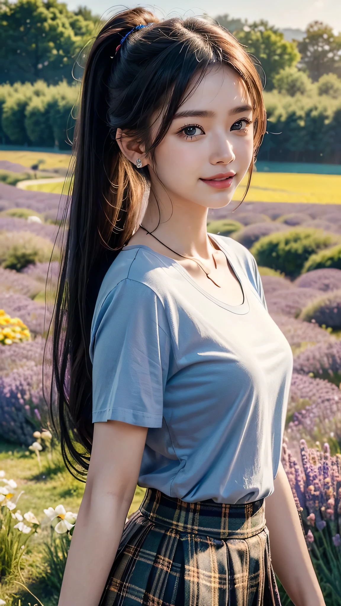 (Masterpiece:1.4), CG Unity 8k walpaper, ((Realistic: 1.2)), Ray Tracing, k, Beautiful 22 years girl, Asian realistic girl, Ultra Realistic, ultra HD, high detail，8K resolution，ultra high resolution,  mature girl, cute girl，The ponytail, long Hair，earrings，necklace，Colorful clear eyes，smooth hair，clavicle，Exquisite and perfect with the most beautiful facial features and big eyes，Long eyelashes，Sweet eyes and lying silkworms，(Smile)，field，dynamic angle，Ultimate picture quality，Standing in front of Lavender flowers field, ((Upper body shot))，Colorful plaid pleated skirt, ((rainbow Colorful T-shirt)), 