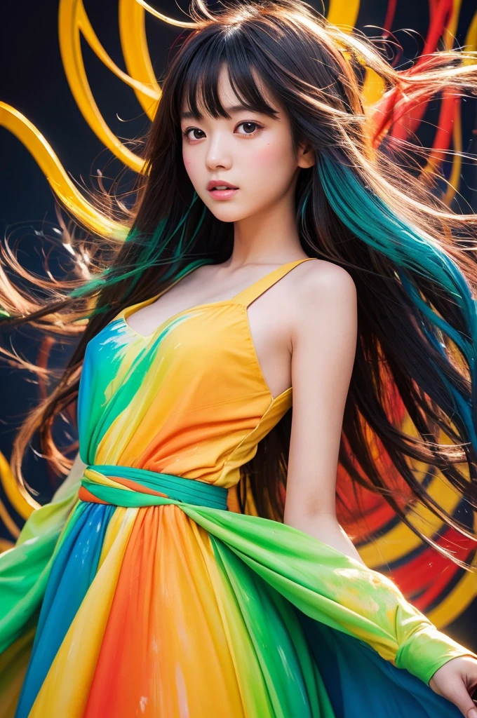 A beautiful Japanese girl is depicted in a vertical portrait, emerging from a vibrant splash of multicolored paint. She has long, dark hair with bangs framing her delicate face, and her expression is serene and captivating. She wears a semi-transparent, lightweight dress with a flowing, thin fabric that complements the fluidity of the paint around her.
The background is a light, neutral color, allowing the vivid colors of the paint to stand out. The paint splashes are rendered in dynamic, sweeping arcs, with hues of green, yellow, orange, blue, and red, creating a sense of movement and energy. The artist employs digital painting techniques to achieve a high level of detail, particularly in the textures of the paint and the delicate fabric of the dress.
The lighting is soft and even, casting gentle highlights on the girl's face and the paint, enhancing the overall sense of depth and realism. The use of bright, saturated colors and dynamic composition creates a visually striking and lively image.