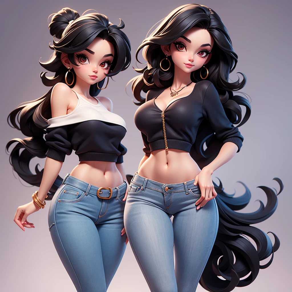  A sexy cartonn woman in jeans and white crop top posing gracefully for a photo, beauty in jeans, wavy black hair, Waist slender, sexy girl, mulher de corpo inteiro, wearing jeans, beautiful seductive woman, slender figure, cartoon vector style, corpo pin-up, Broad Hips