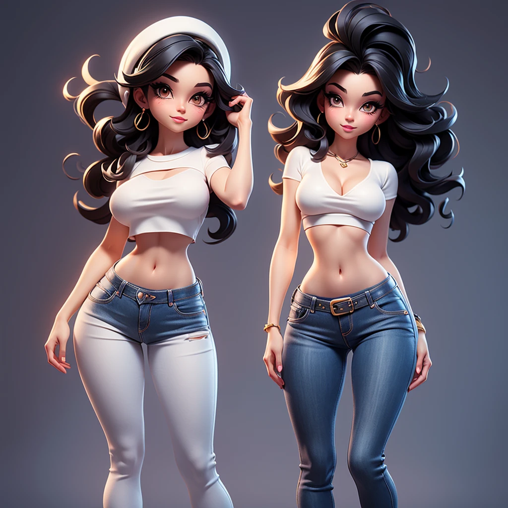 A sexy cartonn woman in jeans and white crop top posing gracefully for a photo, beauty in jeans, wavy black hair, Waist slender, sexy girl, mulher de corpo inteiro, wearing jeans, beautiful seductive woman, slender figure, cartoon vector style, corpo pin-up, Broad Hips