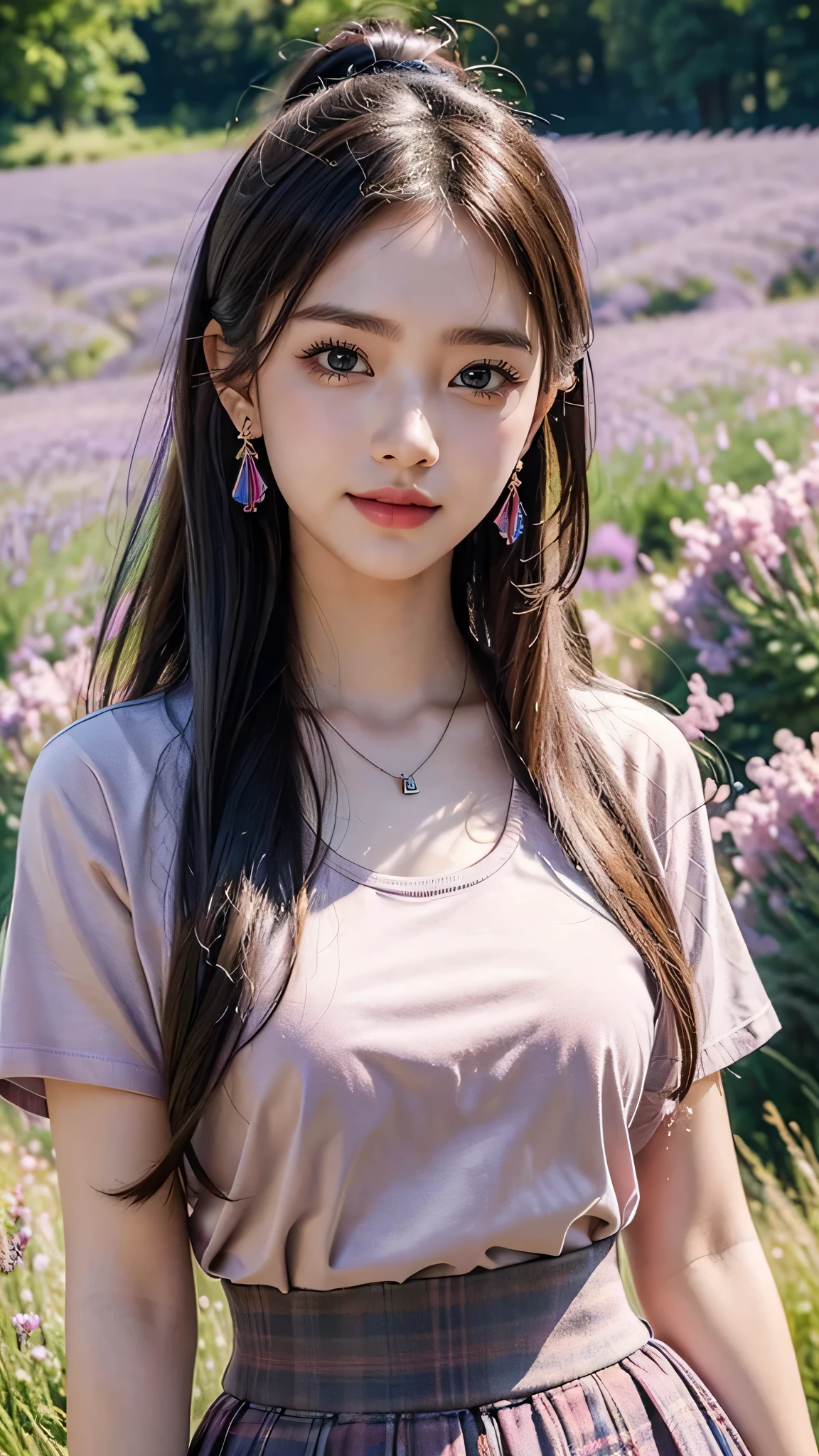 (Masterpiece:1.4), CG Unity 8k walpaper, ((Realistic: 1.2)), Ray Tracing, k, Beautiful 22 years girl, Asian realistic girl, Ultra Realistic, ultra HD, high detail，8K resolution，ultra high resolution,  mature girl, cute girl，The ponytail, long Hair，earrings，necklace，Colorful clear eyes，smooth hair，clavicle，Exquisite and perfect with the most beautiful facial features and big eyes，Long eyelashes，Sweet eyes and lying silkworms，(Smile)，field，dynamic angle，Ultimate picture quality，Standing in front of Lavender flowers field, ((Upper body shot))，Colorful plaid pleated skirt, ((pink Colorful T-shirt)), 