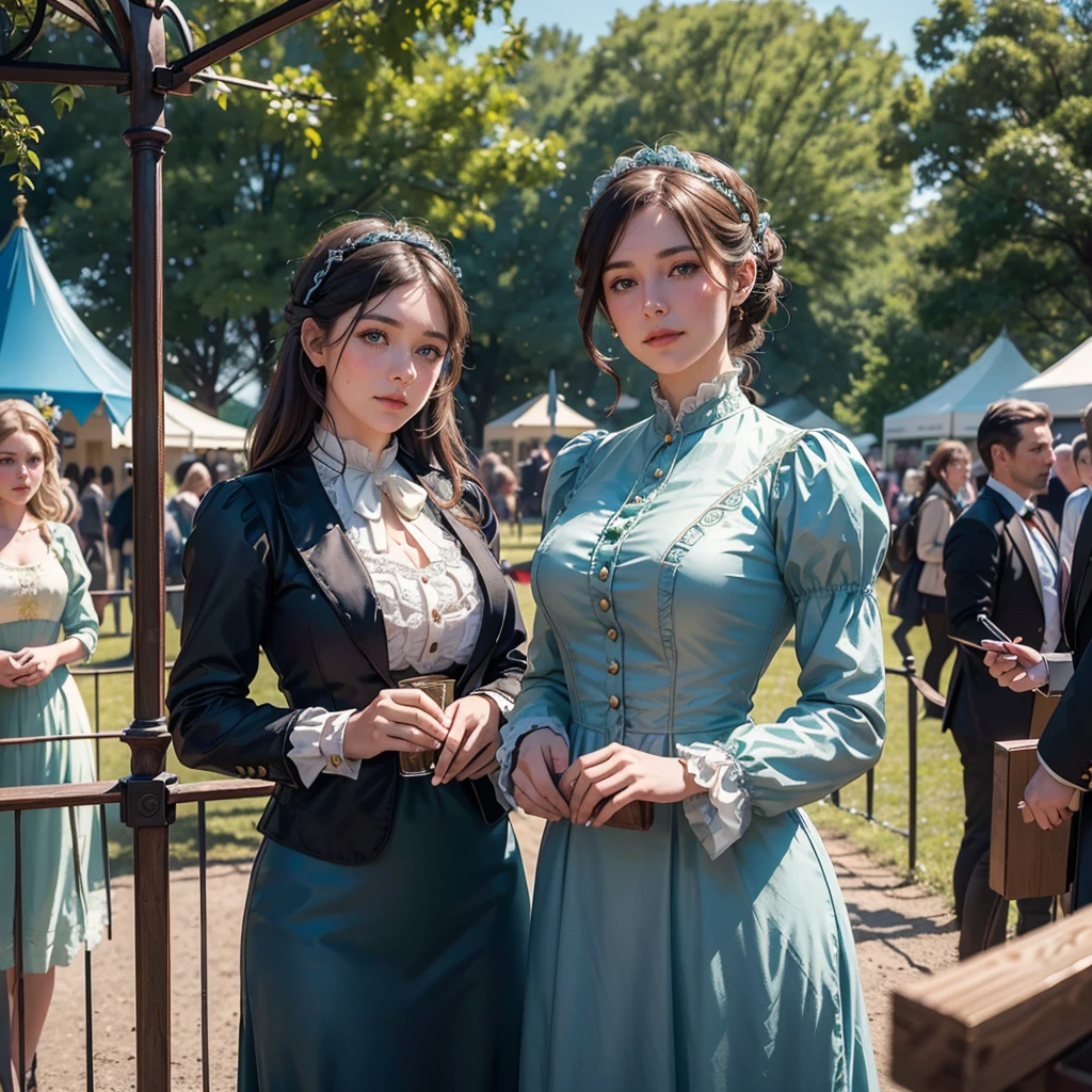 Two young police women in 1890s blue officers uniform dress standing in a countryside county fair, detailed intricate victorian era dress, delicate and elegant hairstyle, beautiful detailed eyes, beautiful detailed lips, extremely detailed and realistic, (best quality,4k,8k,highres,masterpiece:1.2),ultra-detailed,(realistic,photorealistic,photo-realistic:1.37),vibrant colors,warm lighting,soft focus,highly detailed victorian era scene,country fair atmosphere,bustling crowds,ferris wheel,colorful tents,detailed wooden structures,lush green trees