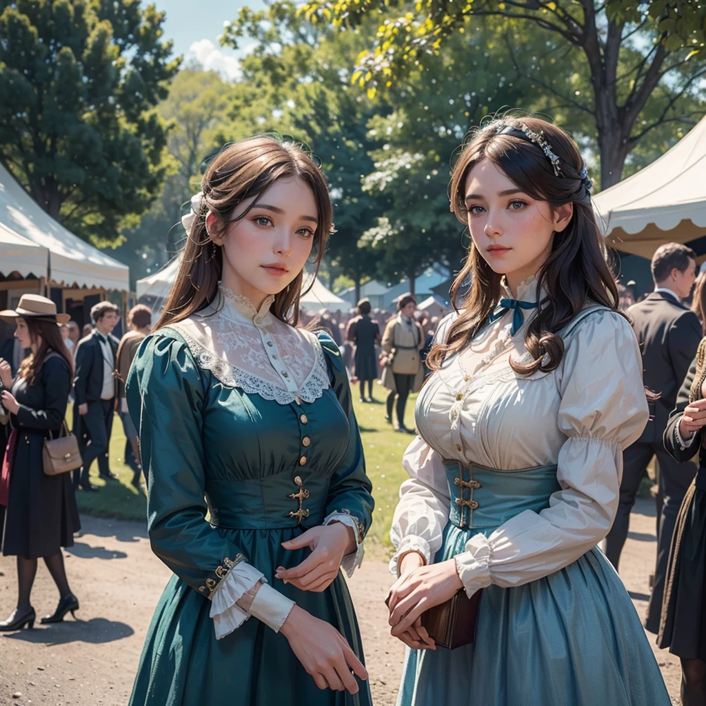 Two young police women in 1890s blue officers uniform dress standing in a countryside county fair, detailed intricate victorian era dress, delicate and elegant hairstyle, beautiful detailed eyes, beautiful detailed lips, extremely detailed and realistic, (best quality,4k,8k,highres,masterpiece:1.2),ultra-detailed,(realistic,photorealistic,photo-realistic:1.37),vibrant colors,warm lighting,soft focus,highly detailed victorian era scene,country fair atmosphere,bustling crowds,ferris wheel,colorful tents,detailed wooden structures,lush green trees