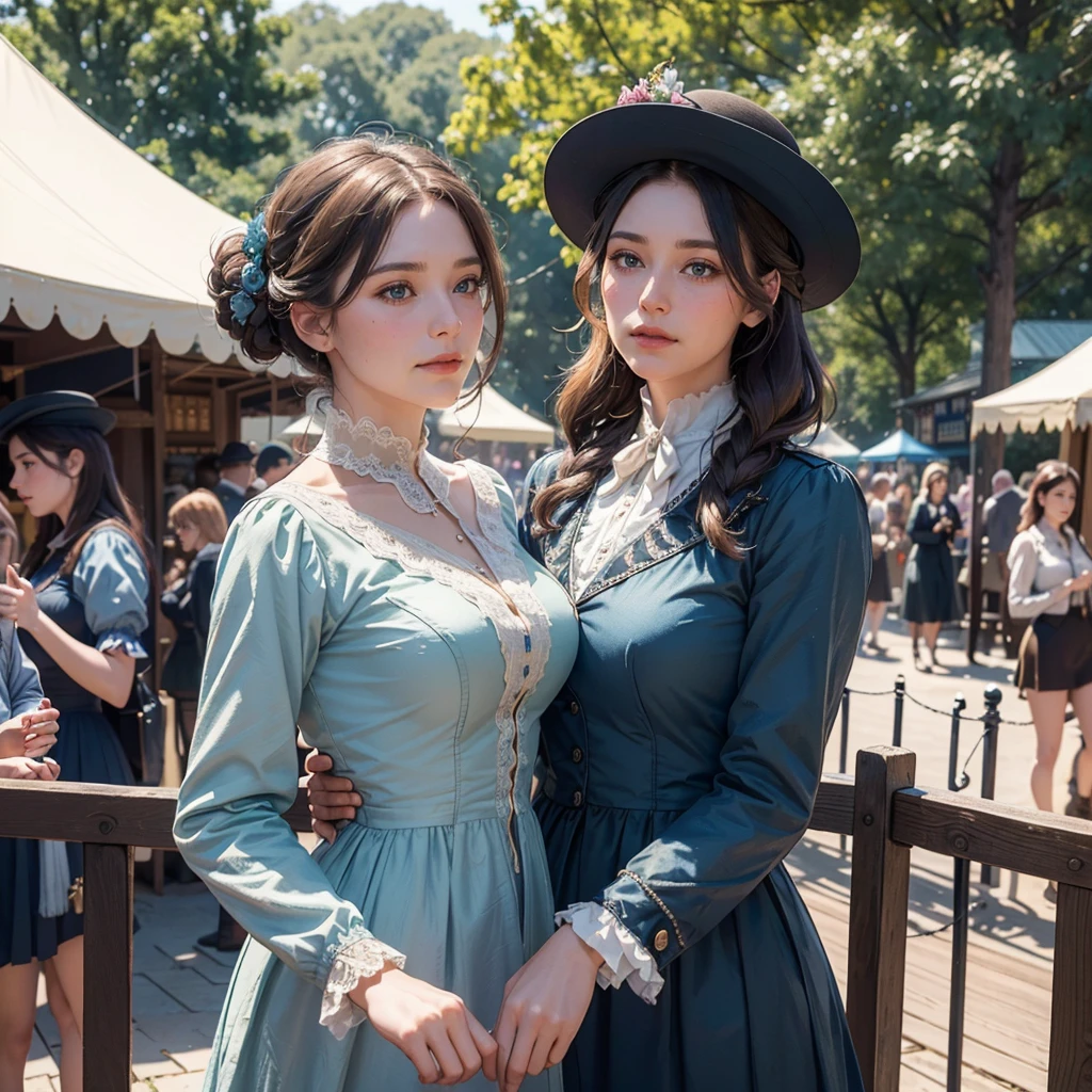 Two young police women in 1890s blue officers uniform dress standing in a countryside county fair, detailed intricate victorian era dress, delicate and elegant hairstyle, beautiful detailed eyes, beautiful detailed lips, extremely detailed and realistic, (best quality,4k,8k,highres,masterpiece:1.2),ultra-detailed,(realistic,photorealistic,photo-realistic:1.37),vibrant colors,warm lighting,soft focus,highly detailed victorian era scene,country fair atmosphere,bustling crowds,ferris wheel,colorful tents,detailed wooden structures,lush green trees