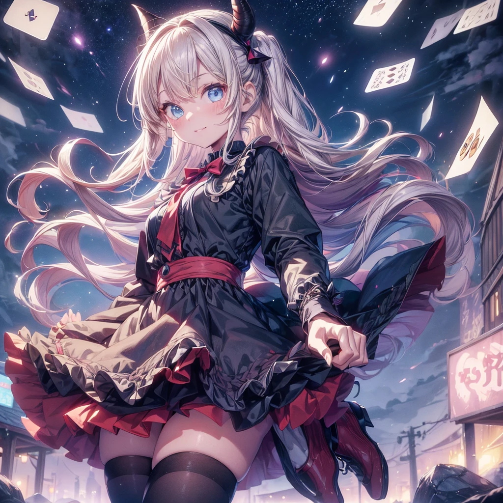 (Tabletop, Highest quality、Very detailed、Very detailedな目), (perfect athletic body:1.2), (Thin Hair), Very detailed, Anime Style, whole body, alone, Fantasy Blonde Hair, Blue Eyed Girl, Apron dress like Alice in Wonderland, Playing cards with your hands, Red Hairband, Black-purple miasma swirls, There are many whispers of the dark devil floating around, Nightmarish sights, Standing in the Wilderness, High heel boots, Digital Painting, 8K high resolution, Trend Art Station,  whole body, Bad smile,background＿Distorted clock:1.5、Kawaii Tech、