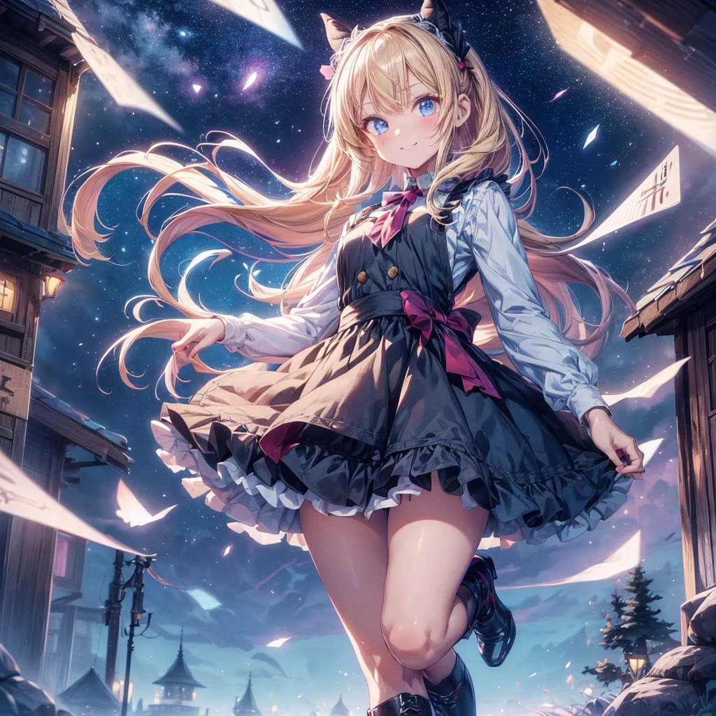 (Tabletop, Highest quality、Very detailed、Very detailedな目), (perfect athletic body:1.2), (Thin Hair), Very detailed, Anime Style, whole body, alone, Fantasy Blonde Hair, Blue Eyed Girl, Apron dress like Alice in Wonderland, Playing cards with your hands, Red Hairband, Black-purple miasma swirls, There are many whispers of the dark devil floating around, Nightmarish sights, Standing in the Wilderness, High heel boots, Digital Painting, 8K high resolution, Trend Art Station, whole body, Bad smile,background_Distorted clock:1.5、Kawaii Tech、
