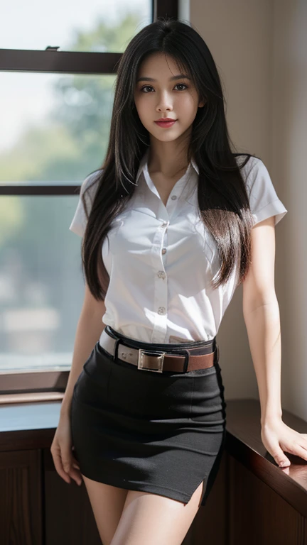 Masterpiece:1.2, best quality, 8k, UHD, high detailed, knee shot, portrait, hyperrealistic, cinematic light, 18s woman, thai university, uniform, white thin satin shirt, black tight short skirt, blown sueded belt, shinny silver belt buckle, shinny silver shirt buttons, flat abs, perfect figure, perfect body proportion, beautiful, cute, digital art, light and shadow, black long hair, dynamic sexy pose show her hip and butts, low key, high contrast, light ray from window in the morning, window frame shadow, looking outside the window