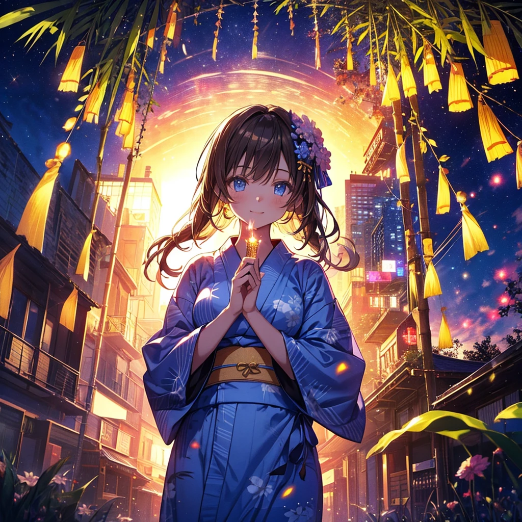 Highest quality, masterpiece, The girl who grants wishes,Brown Hair,blue eyes,Double exposure, The best smile, Look up at the sky, yukata, milky way, Night view, Tanabata Festival, Large bamboo and colorful hanging ornaments,Golden light particle effect