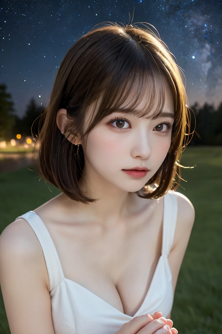 Starry sky, Milky Way, Highest quality, shape, Very detailed, In detail, High resolution, 8k wallpaper, Perfect dynamic composition, Beautiful details,  Natural Lip, Cute one piece dress, Big Breasts, Cleavage, she、Making a wish upon a star Praying with random expressions and random cute poses..., A masterpiece of the whole body, Side Short