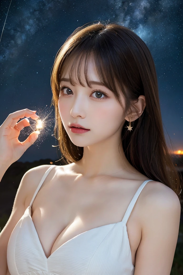 Starry sky, Milky Way, Highest quality, shape, Very detailed, In detail, High resolution, 8k wallpaper, Perfect dynamic composition, Beautiful details, Natural Lip, Cute one piece dress, Big Breasts, Cleavage, she、Making a wish upon a star Praying with random expressions and random cute poses..., A masterpiece of the whole body, Side Short