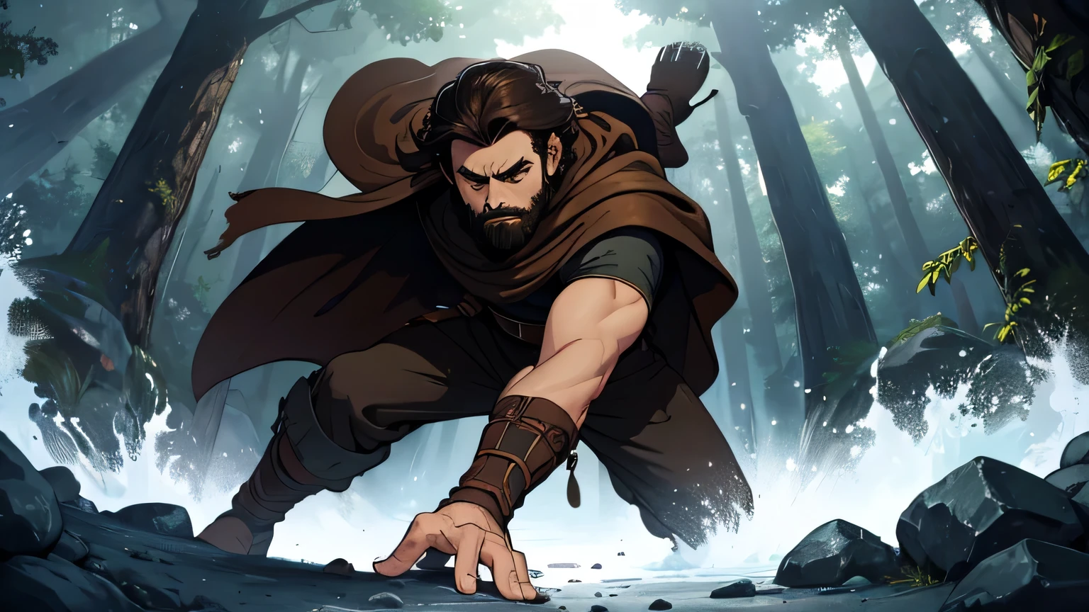 Worried-faced man with dark brown beard, long dark brown hair, light yellow-brown eyes and dark brown and light brown tunic from the 4th century BC. C., with a light brown cloak, about 50 years old, throwing brown rock with his hand, in a dark and mysterious forest at night, movement scene in the forest, changing lighting, hyperrealistic, cinematic lighting,