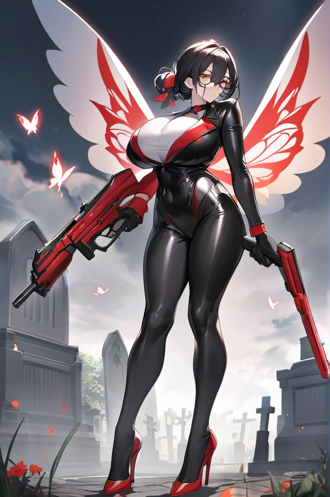 Tall, pale woman, long black hair tied with a red ribbon, black glasses with butterfly design legs, huge breasts with a watch attached to them in the center, Dressed in tight black outfits with white details on the gloves with red palms, black high heels with two red pistols with green jewels attached to the legs, holding two red pistols with green jewelry, sexy posture, hitting an angel, cemetery background