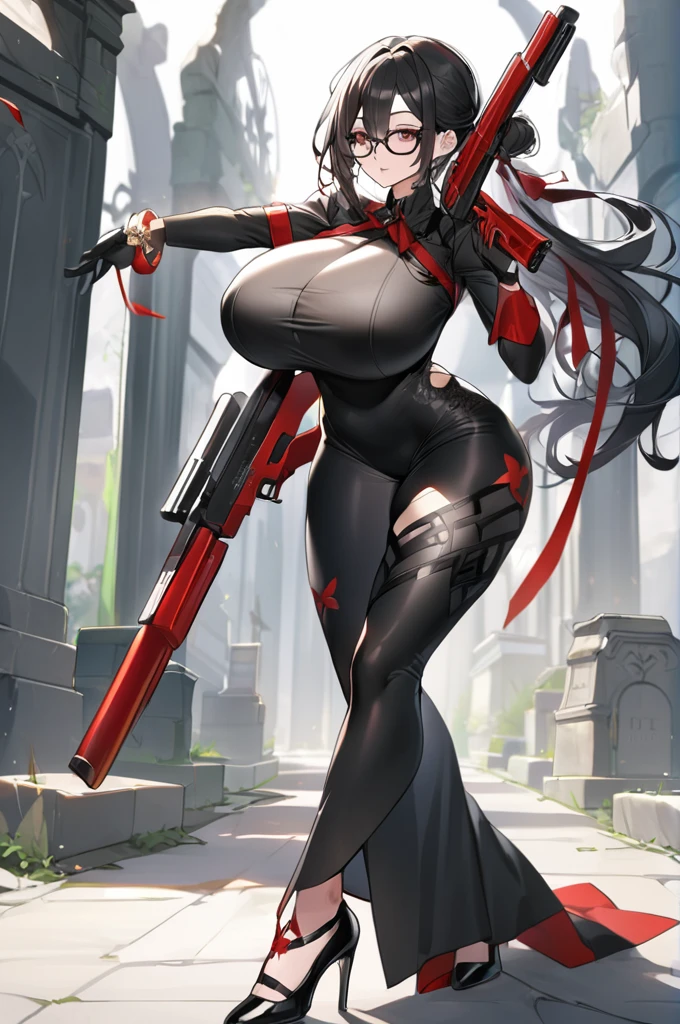 Tall, pale woman, long black hair tied with a red ribbon, black glasses with butterfly design legs, huge breasts with a watch attached to them in the center, Dressed in tight black outfits with white details on the gloves with red palms, black high heels with two red pistols with green jewels attached to the legs, holding two red pistols with green jewelry, sexy posture, hitting an angel, cemetery background