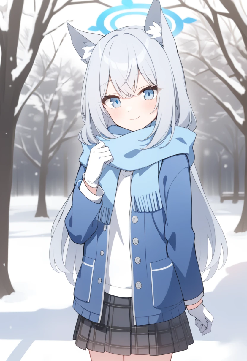 girl,Silver long hair, blue eyes, Wearing a blue hooded jacket,戴着Blue hood,A sky blue scarf, A white T-shirt, White gloves, And black plaid skirt, Standing in the park,Smile, blue halo,Blue hood,戴着Blue hood,Gray wolf ears,cold winter