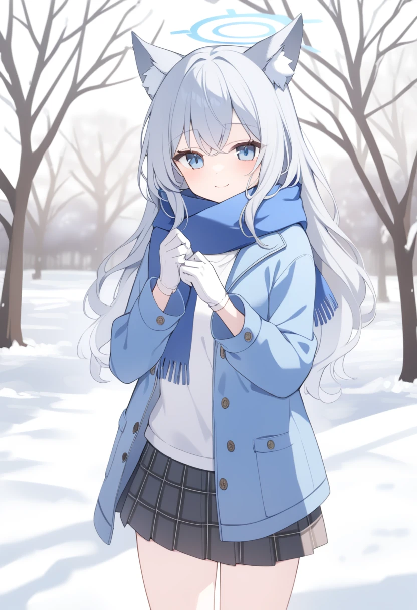 girl，Silver long hair, blue eyes, Wearing a blue hooded jacket,戴着Blue hood，A sky blue scarf, A white T-shirt, White gloves, And black plaid skirt, Standing in the park，Smile, blue halo，Blue hood，戴着Blue hood，Gray wolf ears，cold winter