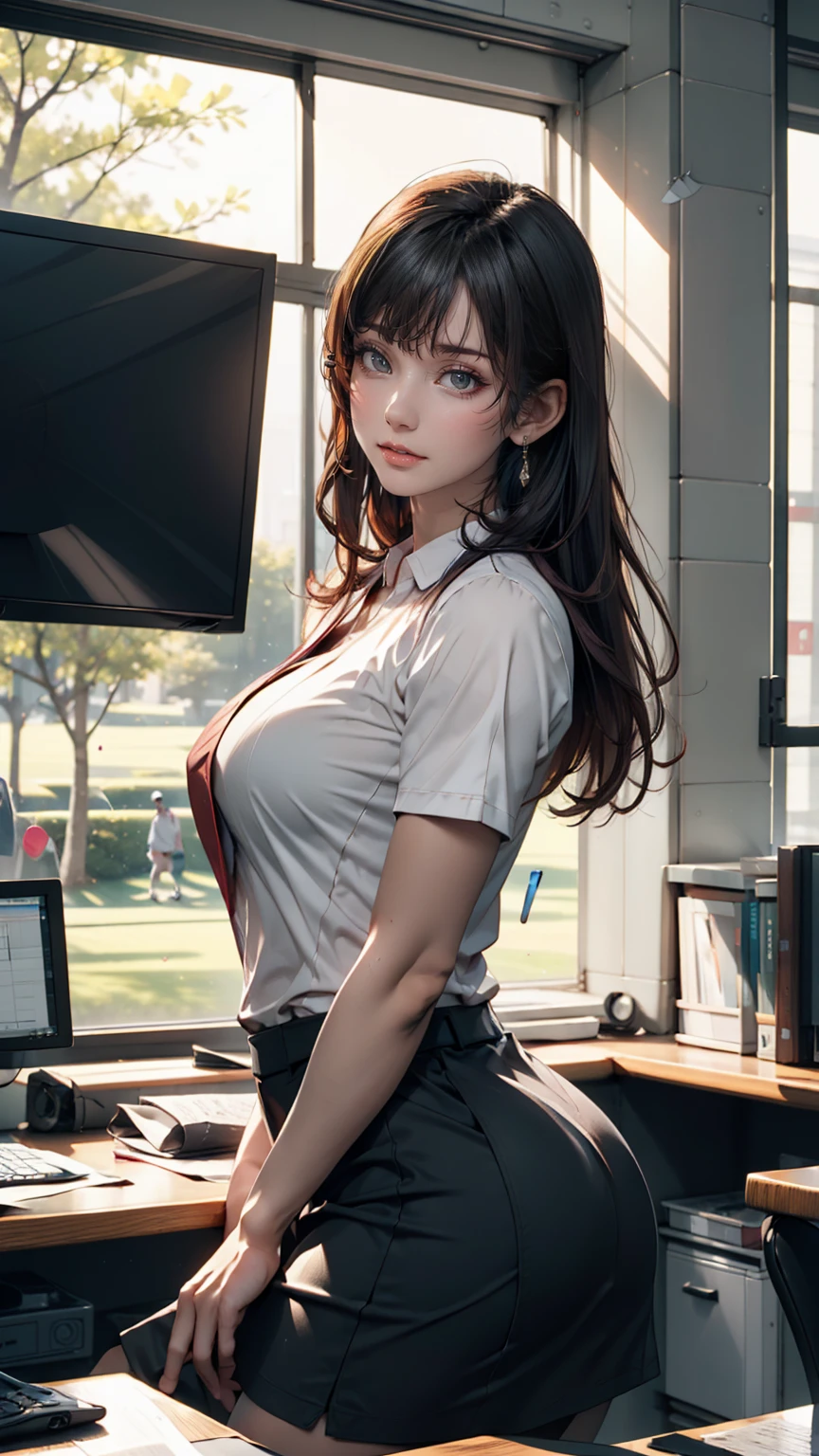 ((high-definition images, masterpiece, atmospheric perspective, 8k, super detail, accurate, best quality, single shot)), (a westerner women with rubbing masturbating against the table corner), (casual dress), jacket, unbuttoned shirt, swollen areoles, (round face, eyes realistic sizing, drooping eyes, blush, smile), (((open legs, focus on pubic hair))), (dusty and messy old huge warehouse), braid, tiny earrings, thin necklace,