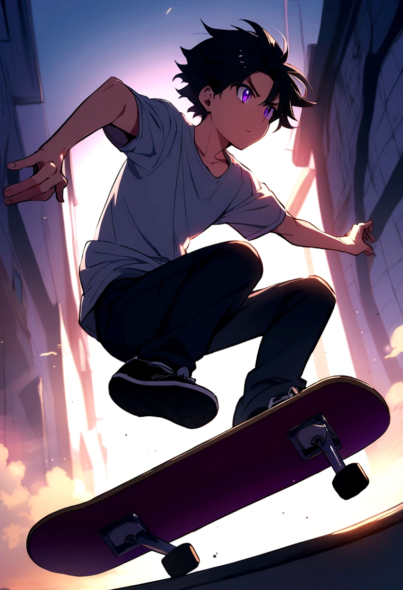 Anime boy with black hair and purple eyes skateboarding