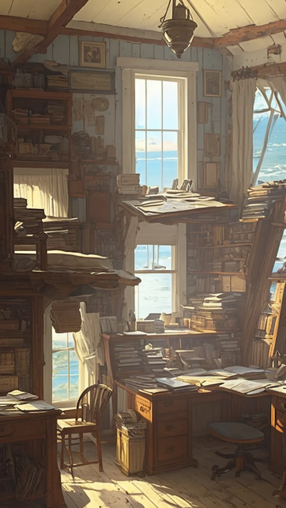 Captain Benjamin Briggs's cabin, with a messy desk, an open diary and scattered maps, but no sign of the captain or crew.